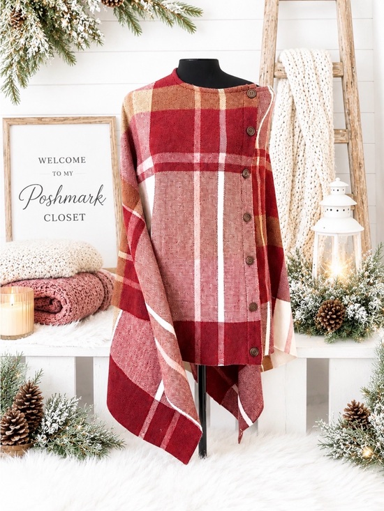 Simply Noelle Jackets & Blazers - Simply Noelle Plaid Button Cape Wrap Poncho Red Pink One Size